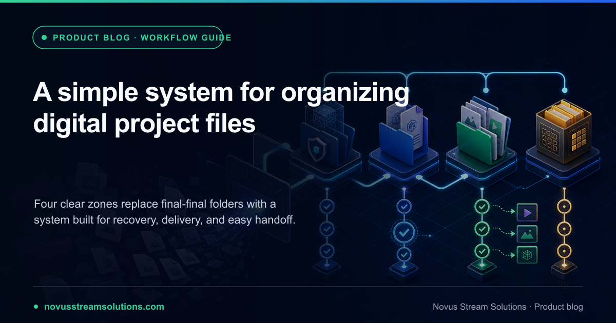 A stream of cluttered duplicate files resolving into protected source, active work, approved delivery, and archive stages