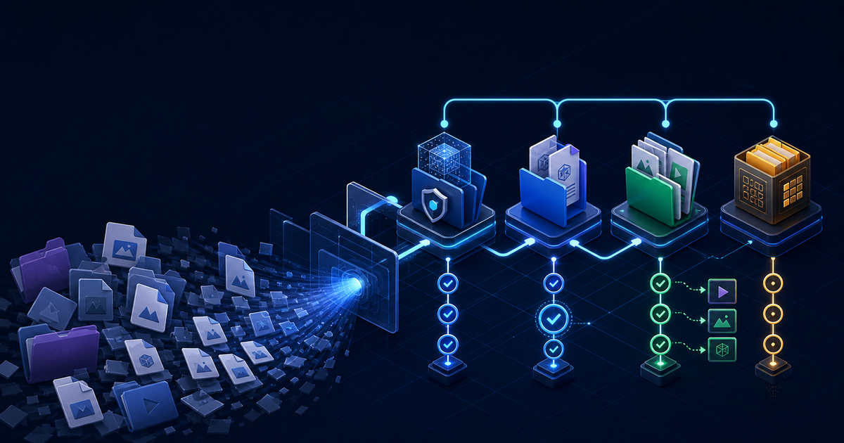 A messy stream of duplicate files passing through a clear system into protected source, active work, approved delivery, and archive folders
