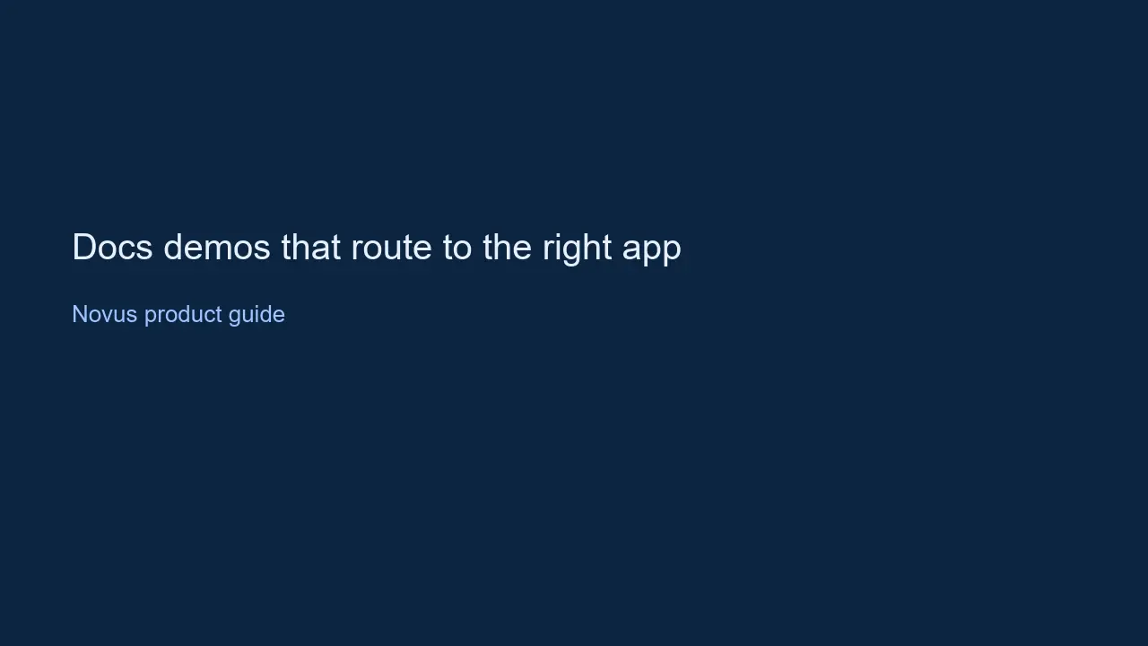 Poster still for the docs demos expansion film: routing a hub walkthrough to the owning app