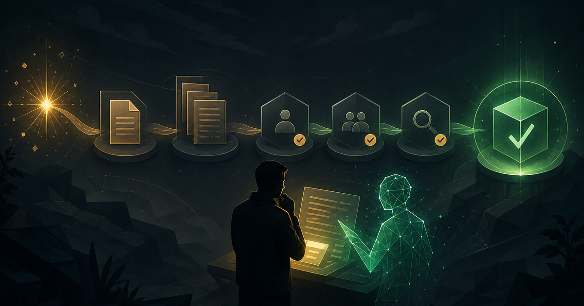 Scoped AI drafts moving through tests, review, and rollback gates before a production release