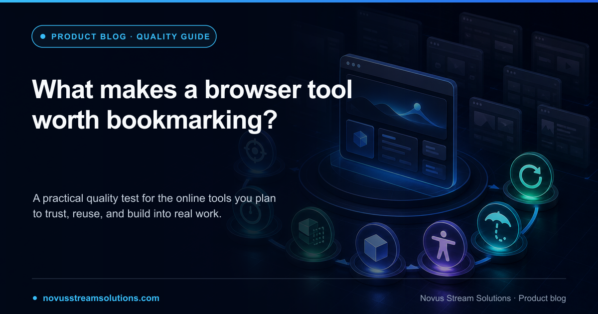 A focused browser tool passing a ring of quality checkpoints while weaker cluttered interfaces fade into the background