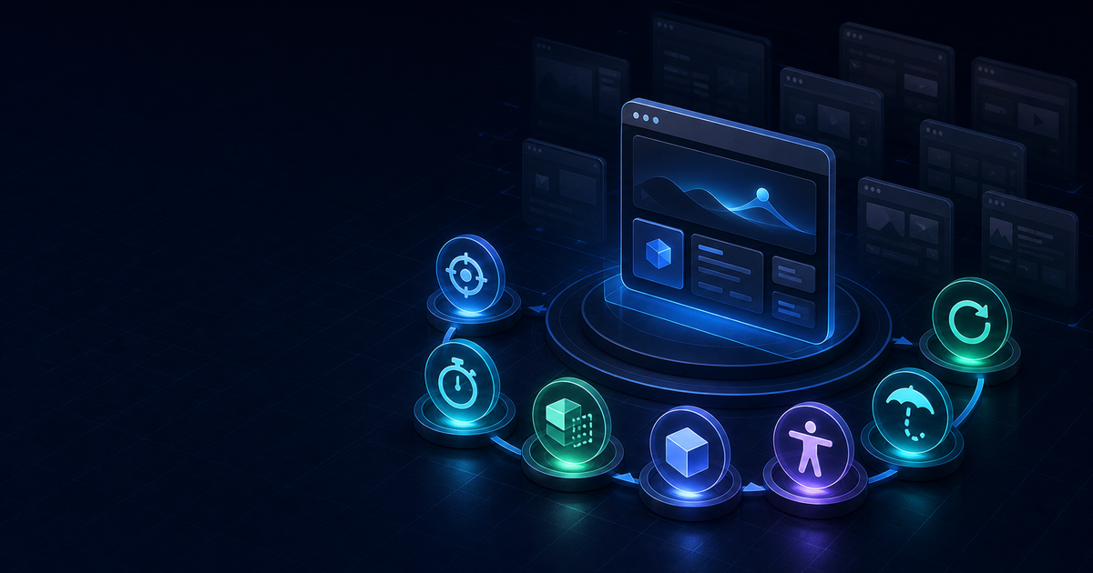 A central browser tool surrounded by checkpoints for focus, speed, output, accessibility, reliability, and repeat use